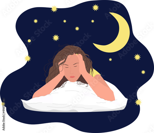 A woman with stress. She is awake at night, touches her forehead and suffers from insomnia. Depression.