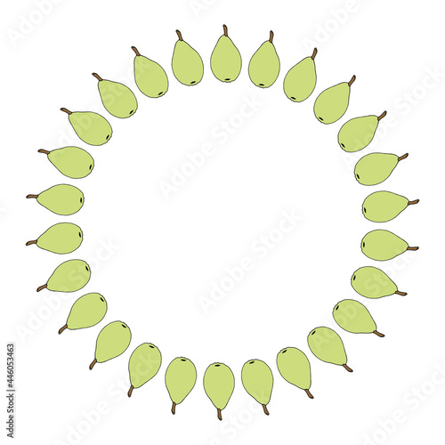 Round frame with green pears on white background. Vector image.