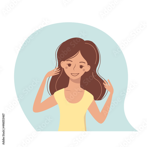 Happy nice young woman enjoys healthy hair. Pretty smiling cartoon girl. 