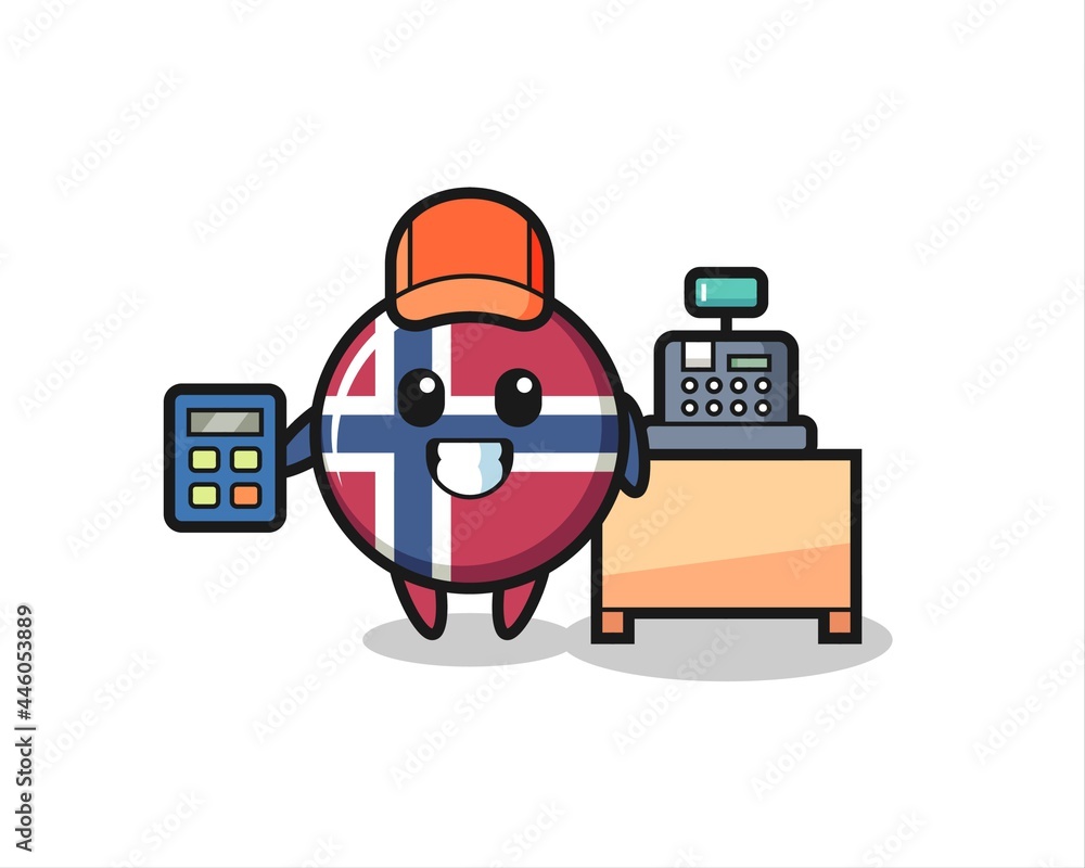 Illustration of norway flag badge character as a cashier