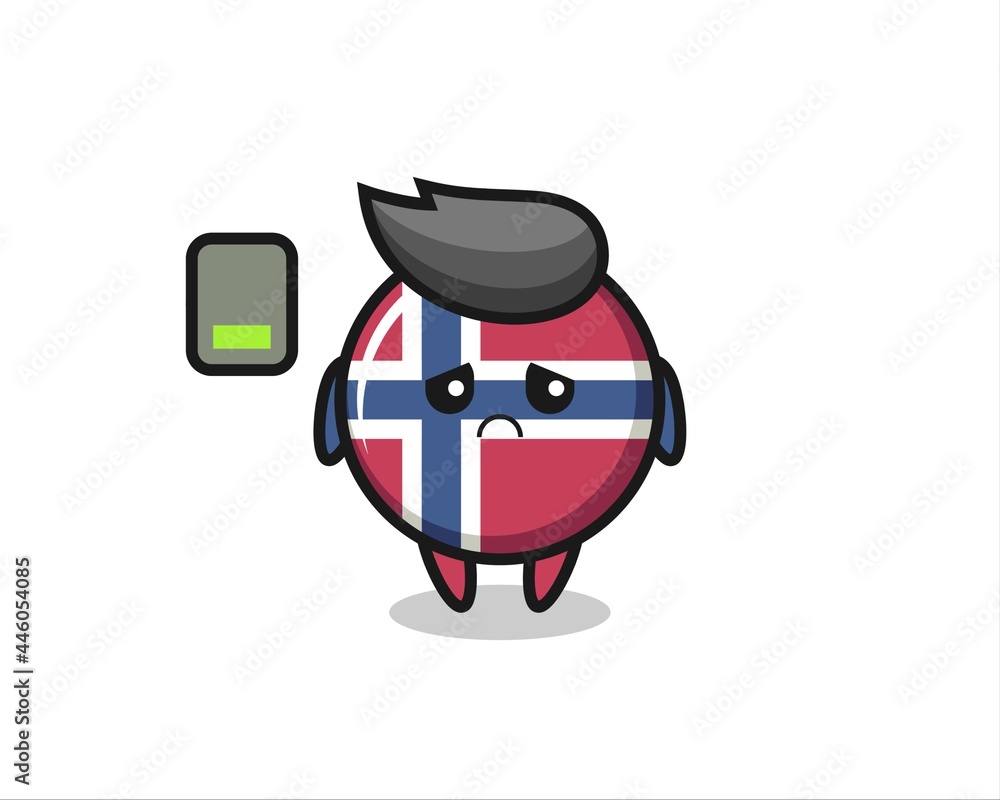 norway flag badge mascot character doing a tired gesture