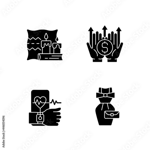 Lifestyle tendencies black glyph icons set on white space. Hygge life. Wealth building. Health tracking. Vintage fashion. Cozy atmosphere. Silhouette symbols. Vector isolated illustration
