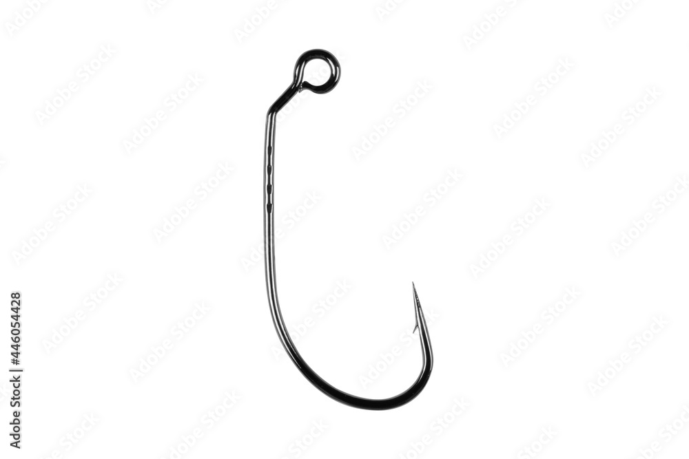 Fishing hook isolated on a white background. Fishing hook close up. Fishing tackle. Macro shot stainless steel fishing hooks