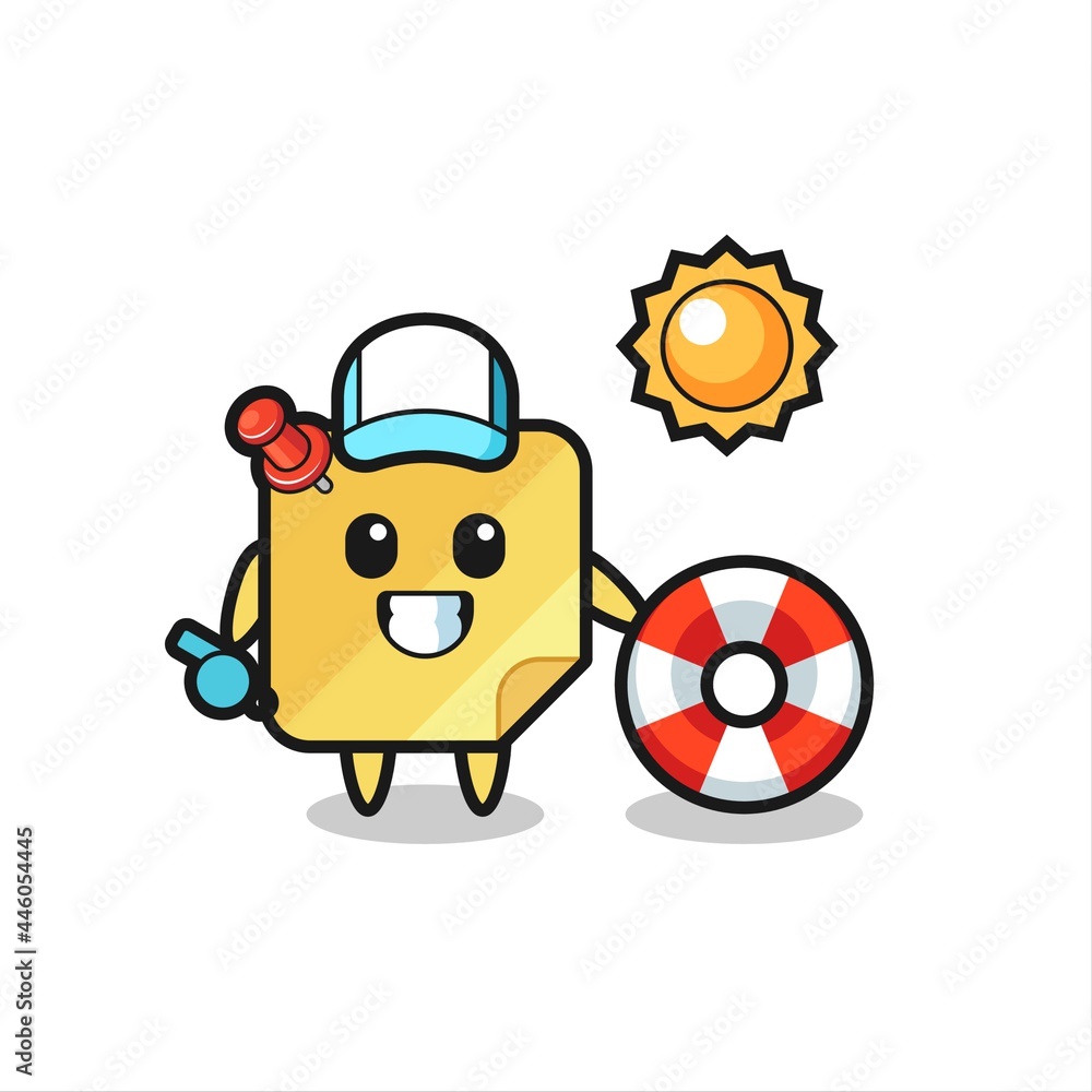 Cartoon mascot of sticky note as a beach guard Cartoon mascot of sticky note as a beach guard