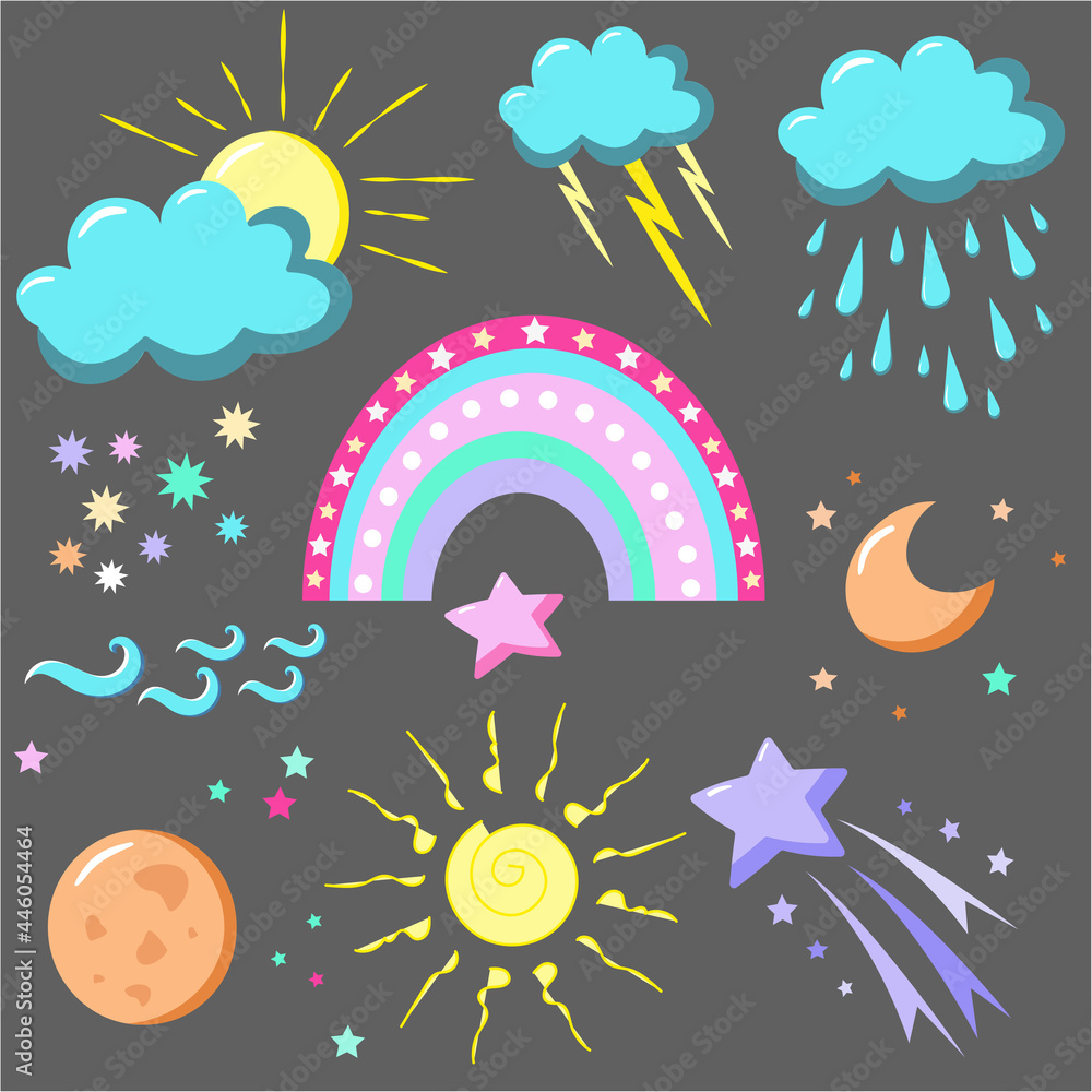set of stars, moon, sun, rainbow and clouds isolated on grey background. baby cute colors. colorful Illustration. set of stars, moon, sun, rainbow and clouds isolated on grey background. baby cute colors. colorful Illustration.