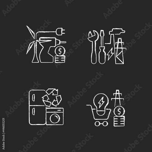 Alternative energy cost chalk white icons set on dark background. Equipment installation. System repair. Electricity consumption price. Isolated vector chalkboard illustrations on black