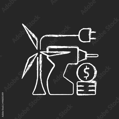 Energy equipment installation price chalk white icon on dark background. Windmill repair and maintenance financial expense. Energy purchase. Isolated vector chalkboard illustration on black