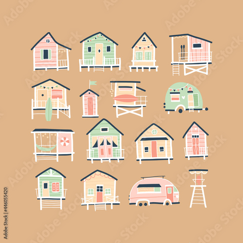 Beach houses and trailers. Cute summer cartoon set in simple hand drawn childish scandinavian vintage style. Tiny tropical buildings in a pastel palette. Ideal for printing.