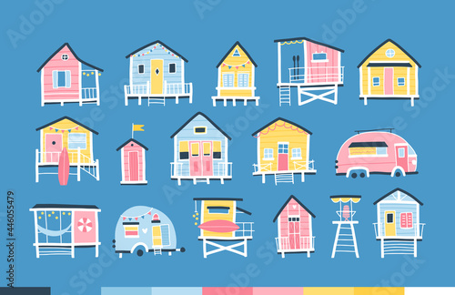 Beach houses and trailers. Cute summer cartoon nursery set in simple hand drawn childish scandinavian style. Tiny tropical buildings in a colorful pastel palette. Ideal for printing.