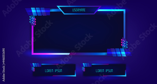 Frame facecam live stream game gaming play video template with glow tech cyber frame display panel
