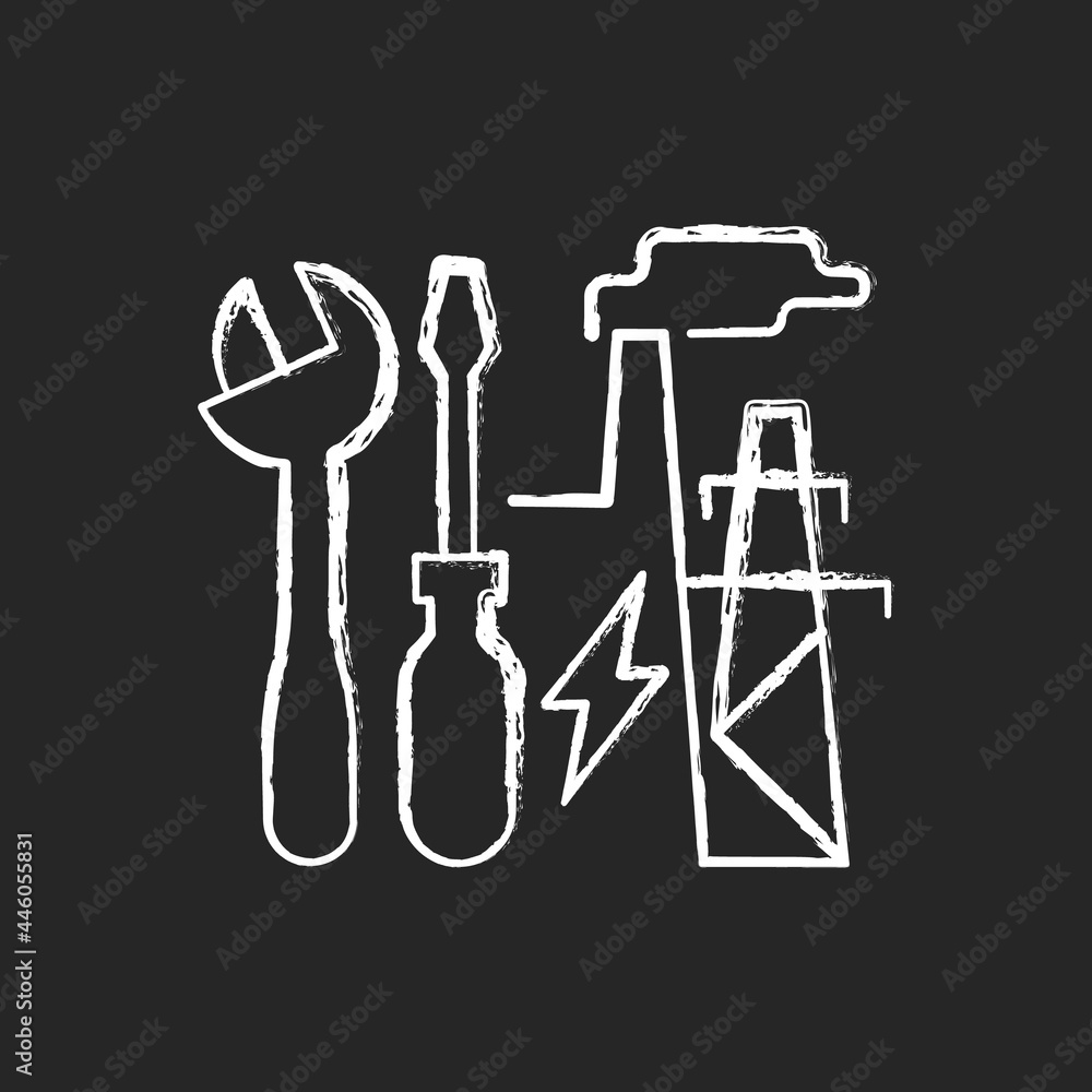 Energy system repairs chalk white icon on dark background. Electricity generation station. Industrial production of power supply. Energy purchase. Isolated vector chalkboard illustration on black Energy system repairs chalk white icon on dark background. Electricity generation station. Industrial production of power supply. Energy purchase. Isolated vector chalkboard illustration on black