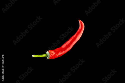 Pepper chili. Red hot chili paprika or spicy chile cayenne pepper isolated on black background. Ingredient for fresh spice mexican food.