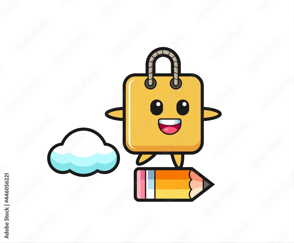 shopping bag mascot illustration riding on a giant pencil shopping bag mascot illustration riding on a giant pencil