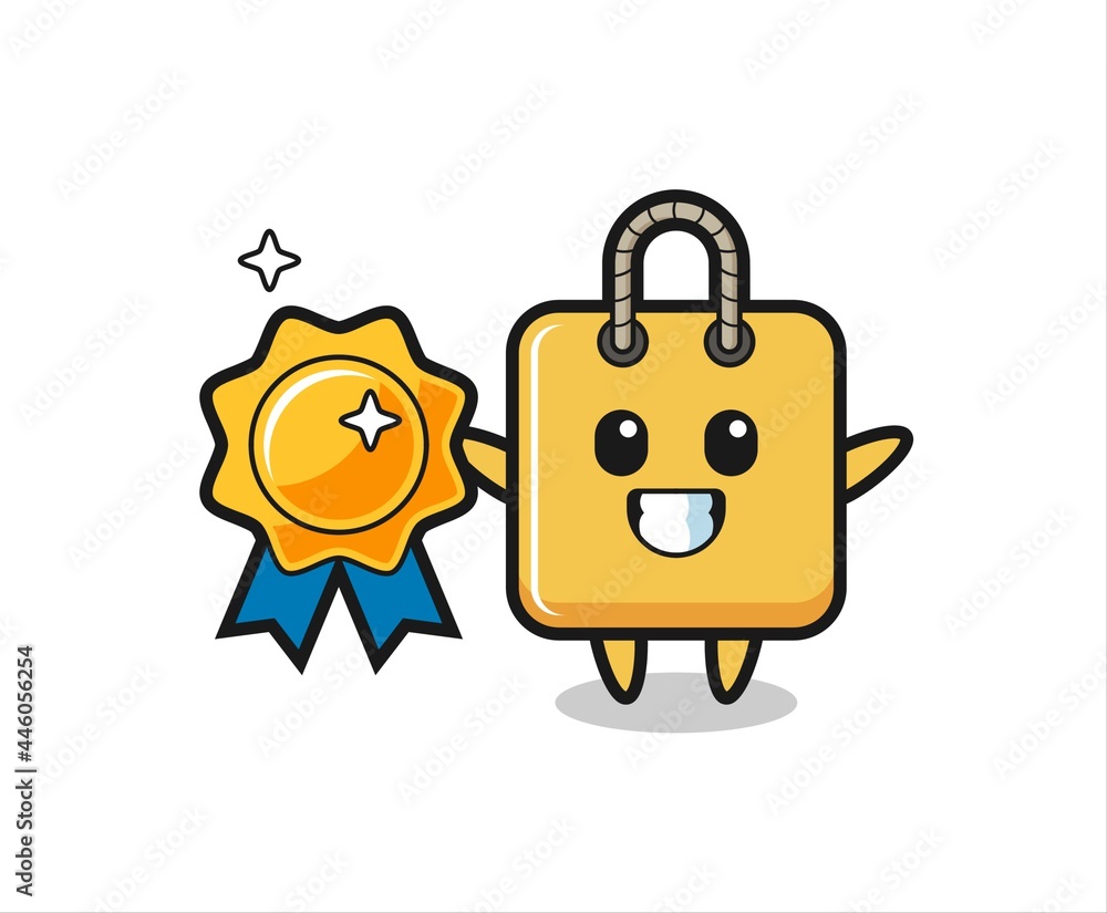 shopping bag mascot illustration holding a golden badge shopping bag mascot illustration holding a golden badge