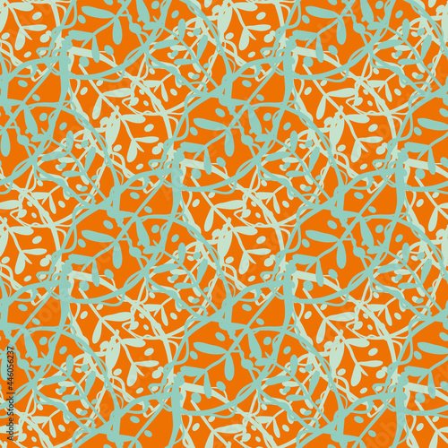 Abstract Calathea leaf vector seamless pattern background. Stylised linocut effect orange aqua blue tropical foliage backdrop. Diagonal weave grid botanical leaves. Woven floral jungle texture repeat.