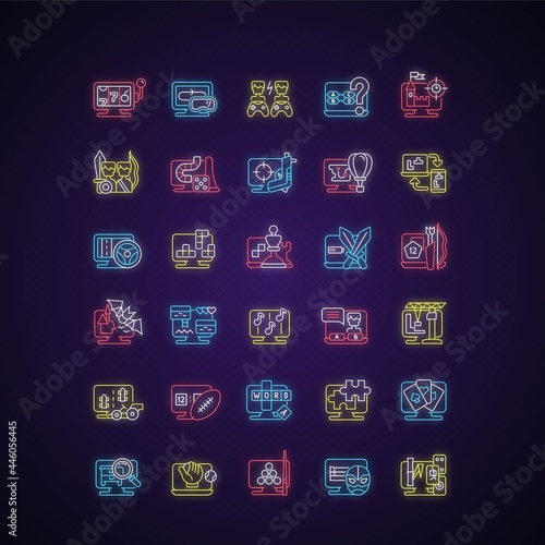 Online game types neon light icons set. Adventure gameplay. Exciting action gameplay. Cooperative quests with friends. Signs with outer glowing effect. Vector isolated RGB color illustrations