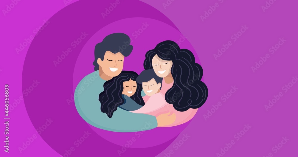 Composition of family embracing on pink background Composition of family embracing on pink background