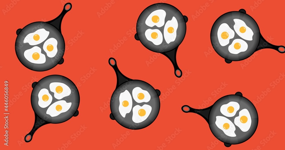 Composition of pan with eggs icons on red background Composition of pan with eggs icons on red background