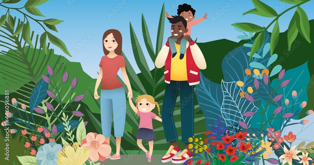 Composition of family over plant icons on blue background Composition of family over plant icons on blue background