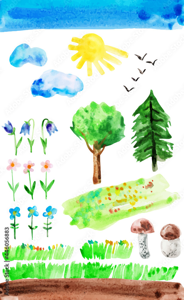 Watercolor hand drawn naive kids drawings with trees, grass, flowers, clouds, sun, sky, birds