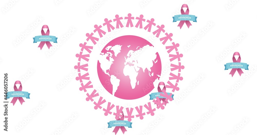 Composition of pink breast cancer ribbons and globe on white background Composition of pink breast cancer ribbons and globe on white background
