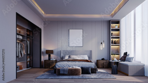 Wallpaper Mural 3d rendering,3d illustration, Interior Scene and Frame mockup, Bedroom and dressing room in gray tones modern furniture wall frame Decorative grooved headboard wall. Torontodigital.ca