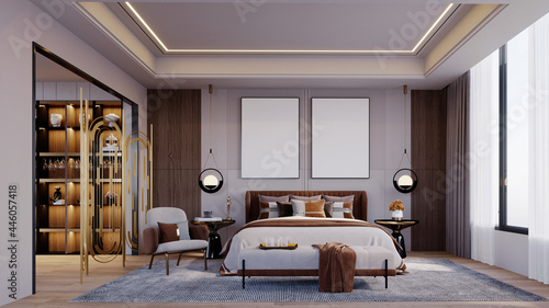 3d rendering,3d illustration, Interior Scene and Frame mockup, The bedroom has a scene between the dressing rooms. Large windows, wooden floors, brown tone furniture.