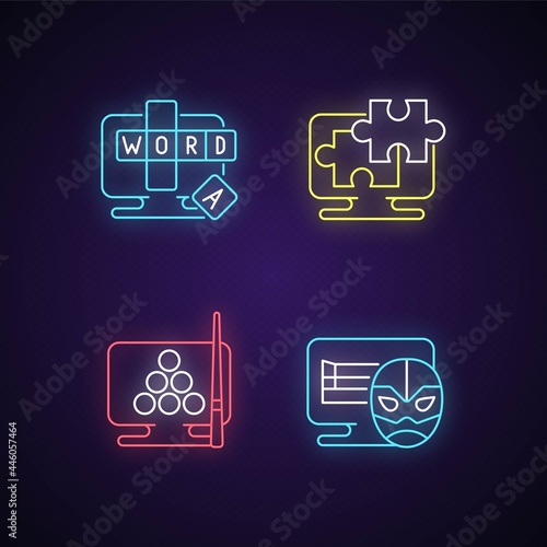 Intellectual game types neon light icons set. Online word guessing game. Jigsaw puzzles solving. Wrestling matches simulators. Signs with outer glowing effect. Vector isolated RGB color illustrations