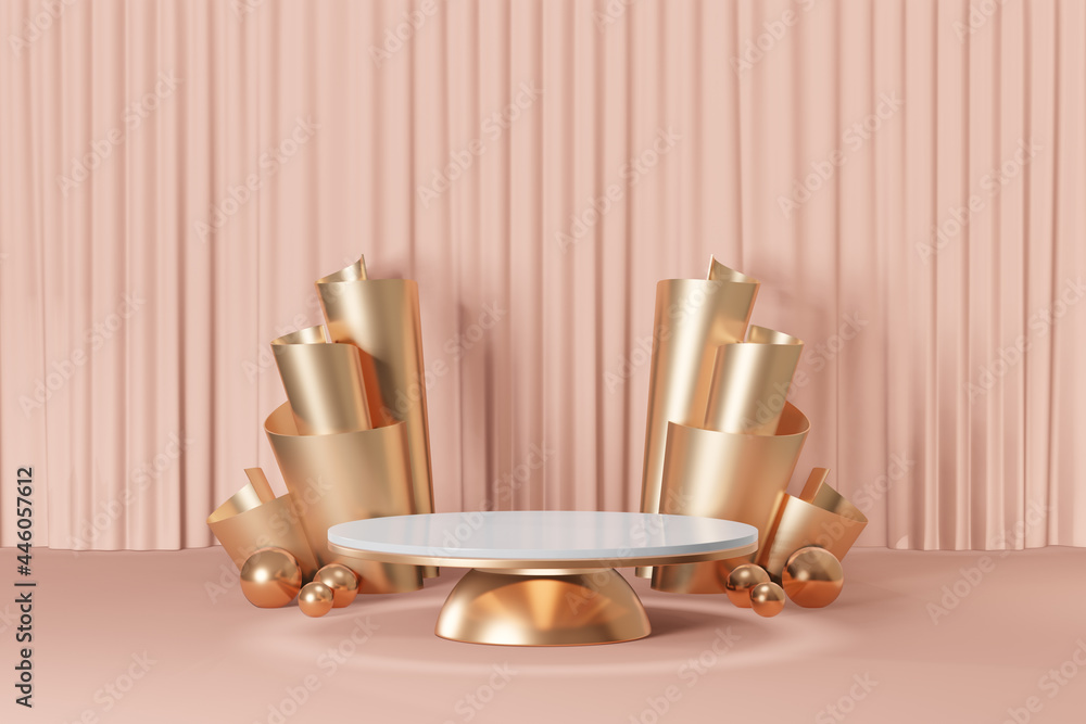 Cosmetic display product stand, Gold white marble round cylinder podium with gold curve and old rose color pastel curtain background. 3D rendering illustration