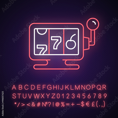 Online casino neon light icon. Website which allows gambling. Exciting entertainment types. Outer glowing effect. Sign with alphabet, numbers and symbols. Vector isolated RGB color illustration