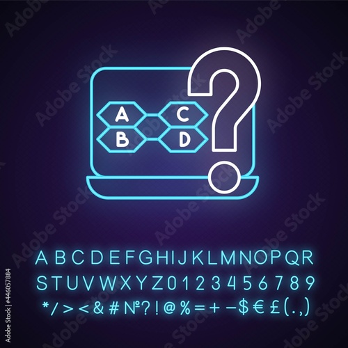 Trivia games neon light icon. Demonstrating knowledge in different categories. Outer glowing effect. Sign with alphabet, numbers and symbols. Vector isolated RGB color illustration