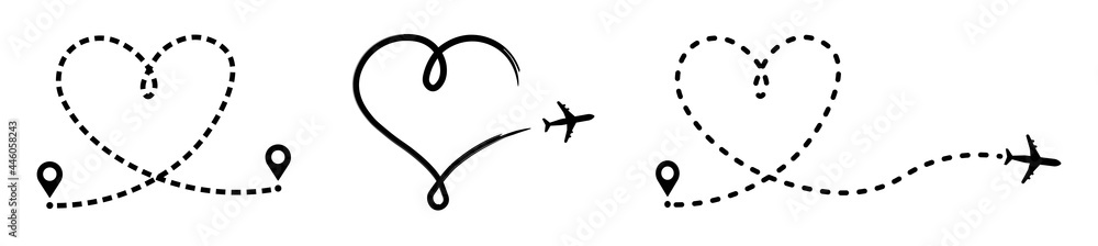 Set of love travel route, airplane line path of air plane flight route with start point and dash line trace vector icon in line style Set of love travel route, airplane line path of air plane flight route with start point and dash line trace vector icon in line style