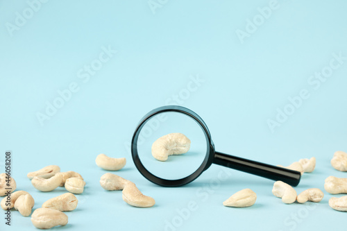 Cashew nut under a magnifying glass. Food quality control.
