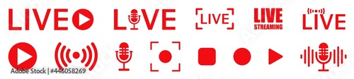 Set of live streaming icons, red video broadcasting and live streaming icon