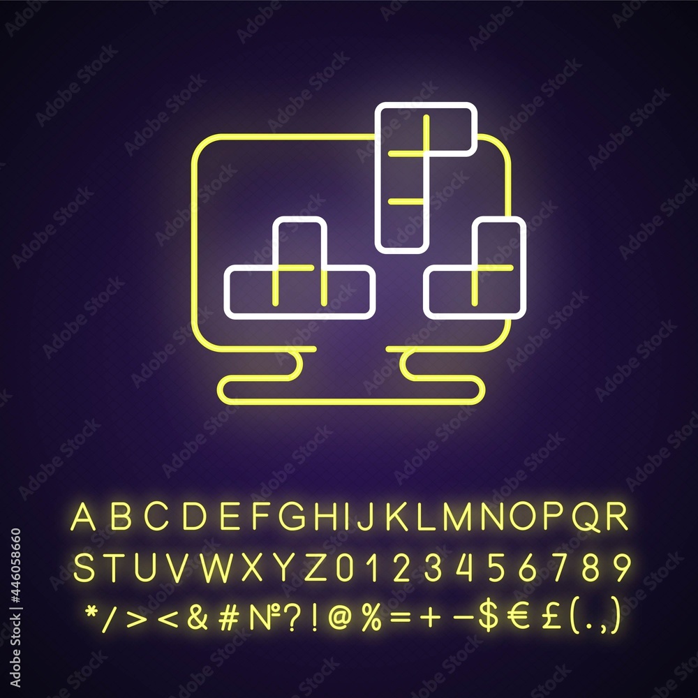 Puzzles neon light icon. Different shaped blocks drop with different speed. Outer glowing effect. Sign with alphabet, numbers and symbols. Vector isolated RGB color illustration Puzzles neon light icon. Different shaped blocks drop with different speed. Outer glowing effect. Sign with alphabet, numbers and symbols. Vector isolated RGB color illustration