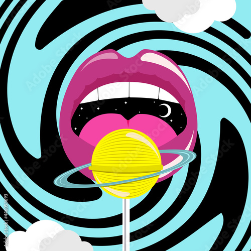 Lips with lolipop in form of planet. vector illustration.