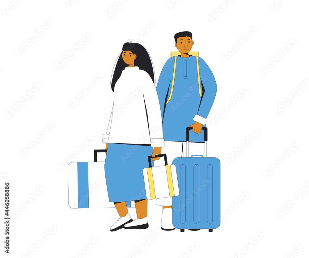 Tourists characters with bags. People isolated with luggage. Young couple standing together.