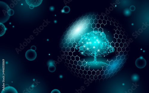 Save forest ecology abstract banner template. Eco rainforest safety environment care green trees on world map 3d polygonal dark blue background. Deforestation avoid vector illustration