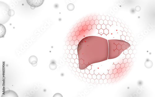 Human liver reconstruction therapy medical concept. Pharmacy drugstore banner cure recover hepatitis health care. Low poly polygonal 3D glowing vector illustration