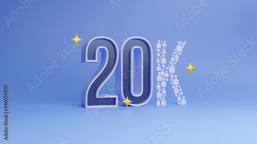 20k followers celebration Social media achievement poster. Template for social networks, blogs. Social media celebration banner with blue background. 20k online community fans.