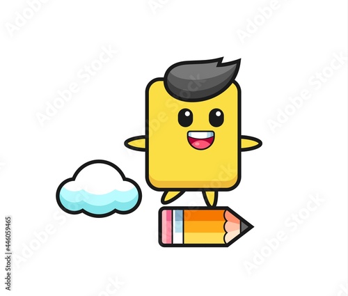 yellow card mascot illustration riding on a giant pencil