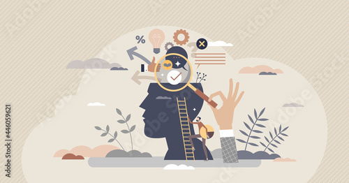 Market research and search for new business information tiny person concept. Financial data exploration and investment planning vector illustration. Find info about company customers or product demand