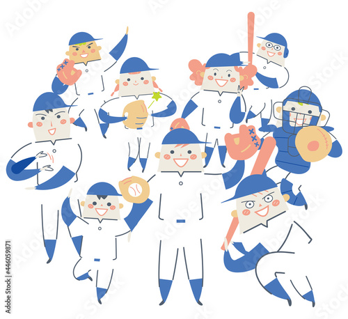 少年野球の選手たちとチームメイト　イラスト素材
