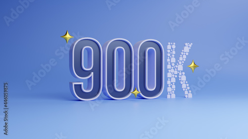 3D rendering Number 900K, meaning ninety thousand, on blue background. Holiday Party Decoration, 900k followers or likes, social media, or postcard concept. photo