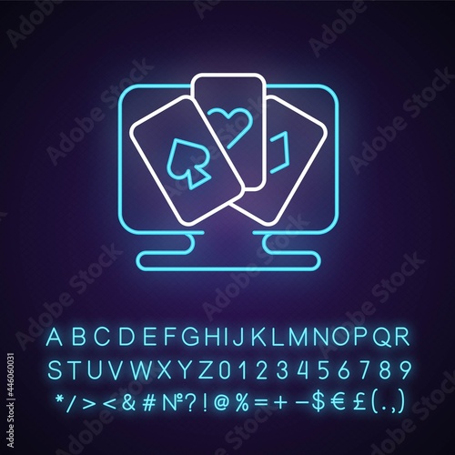 Card game neon light icon. Activity which uses playing cards for player interaction. Outer glowing effect. Sign with alphabet, numbers and symbols. Vector isolated RGB color illustration