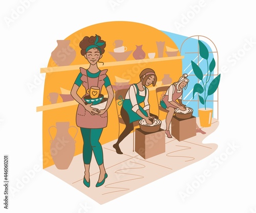 Pottery clases, group of people studying pottery, courses, hobby, free time activities, characters, master class, vector