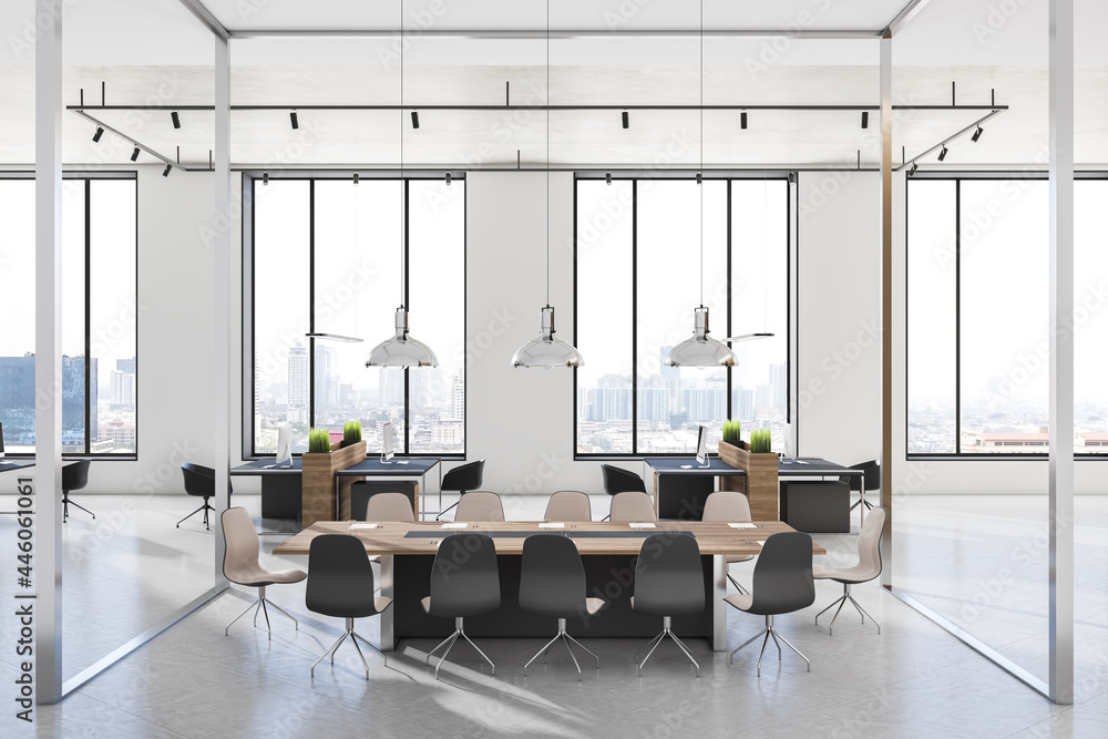 Stylish sunny meeting room with glass walls, modern wooden conference