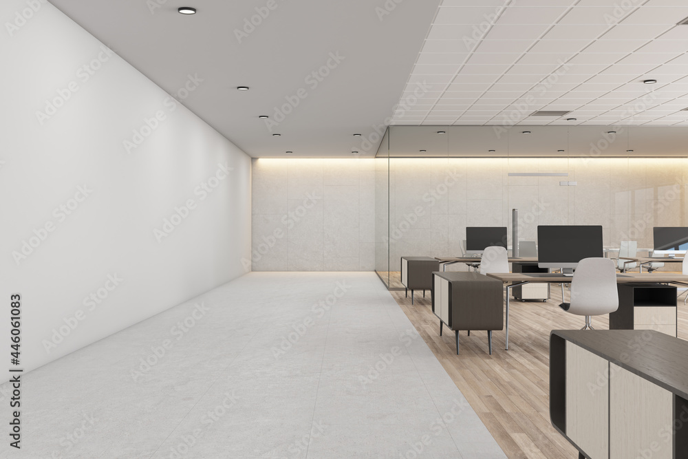 Fototapeta premium White concrete coworking office interior with daylight, furniture and equipment. 3D Rendering.