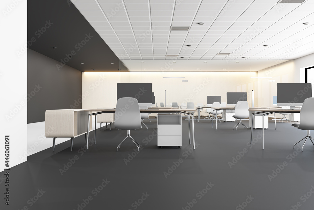 Contemporary concrete coworking office interior with furniture, devices and daylight. Corporate workplace concept. 3D Rendering.