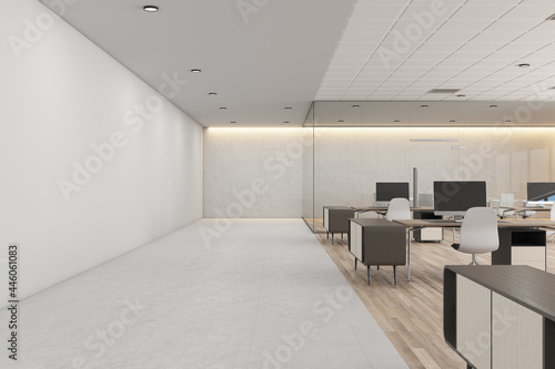 White concrete coworking office interior with daylight, furniture and equipment. 3D Rendering.